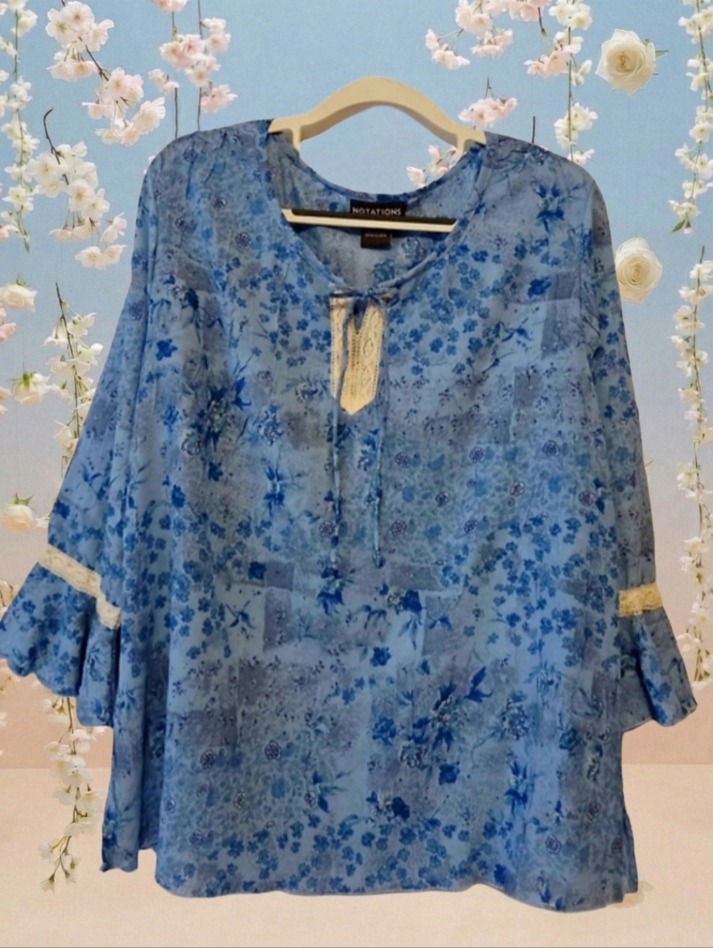 Blue Boho Floral Lace-Trim Peasant Top